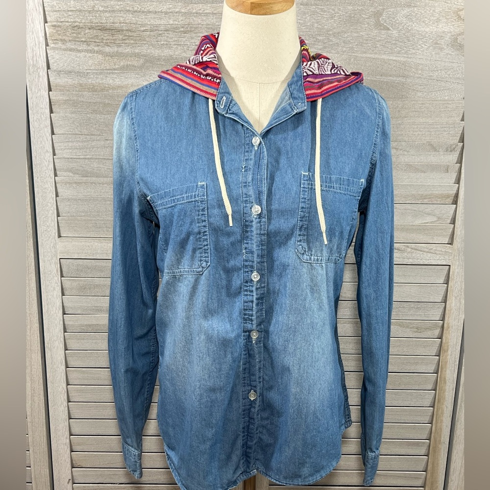EMPYRE Hooded 100% Cotton Denim Button Down Shirt w Colorful Hood-Medium